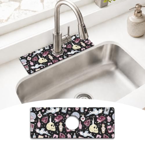 Halloween Kitchen Sink Splash Guard Faucet Mat,Black Witches Ghost Skulls Halloween Faucet Non-Slip Absorbent Mat,Farmhouse Sink Splash Guard Behind Faucet for Kitchen Bathroom,15"x5.5" - color: Drying Faucet Mat 11