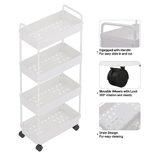 Buzowruil Rolling Storage Cart 4 Tier Organizer Mobile Shelving Unit Storage Rolling Utility Cart with Wheels for Kitchen Bathroom Laundry,White