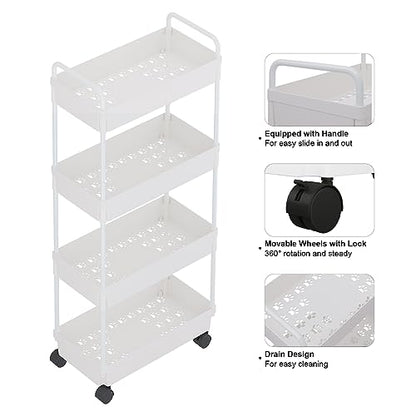 Buzowruil Rolling Storage Cart 4 Tier Organizer Mobile Shelving Unit Storage Rolling Utility Cart with Wheels for Kitchen Bathroom Laundry,White