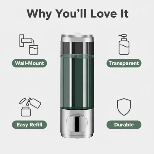 10oz/300ml Single Manual Wall Mounted Soap Dispenser, Silver | Bathroom Shampoo and Conditioner Dispenser, Clear Plastic Refillable Liquid Lotion Pump Dispenser and Organizer - color: Silver