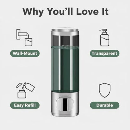 10oz/300ml Single Manual Wall Mounted Soap Dispenser, Silver | Bathroom Shampoo and Conditioner Dispenser, Clear Plastic Refillable Liquid Lotion Pump Dispenser and Organizer - color: Silver