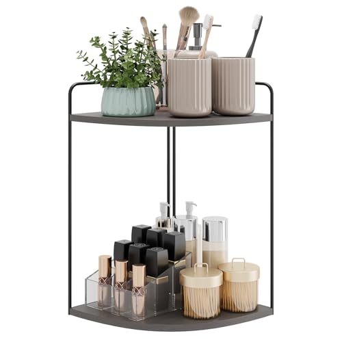 Bathroom Counter Organizer, Vanity & Makeup Countertop Organizer | Corner Bathroom Counter Organizer, Bathroom Sink Organizer, Bathroom Counter Shelf, Countertop Organizer, Corner Desk Shelf - color: Black-grey 2 Tier