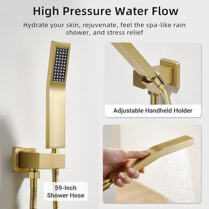 Dasan Brushed Gold Dual Shower Heads System with Ceiling 12-Inch Rainfall Shower & Wall Mount 6-Inch High Pressure Shower Head, Full Body Dual Shower Head Set - color: Brushed Gold
