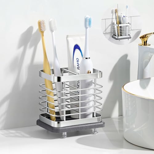 Shinowa Toothbrush Holder Wall Mounted for Bathroom 2 Slots, Silver | Stainless Steel Electric Toothbrush Toothpaste Holder with Fast Dry Tray, Adhesive and Countertop Bathroom Accessories - color: Silver
