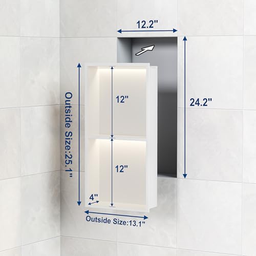 White 2-Tier 3 CCT LED Niche, 12"x24" No-Tile Shower Storage | shower niche with 3-Temperature LED Strip Light (4000K/6000K/3000K),Waterproof, Sturdy&Durable,304 Stainless Steel Wall Niche - color: White, size: 12X24In