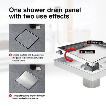 SaniteModar Shower Drain 4 inch Brushed with 2 in1 Tile Insert Cover | 304 Stainless Steel Brushed Square Shower Drain with Hair Catcher and Threaded Adapter - color: Tile Insert Grate, size: 4 inch