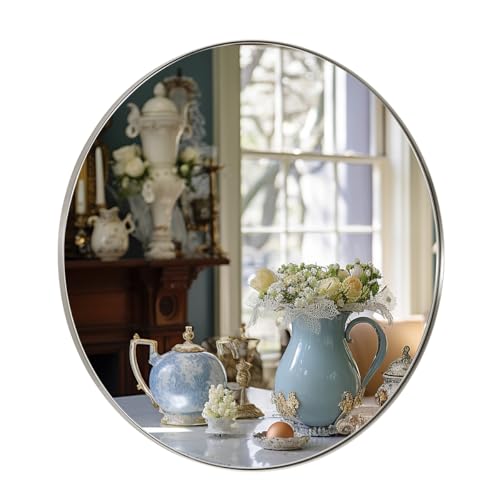 ANDY STAR 30" Round Brushed Nickel Bathroom Mirror, Silver Wall Mirror for Bathroom，Metal Round Circle Mirror for Wall, Bathroom (Premium Stainless Steel Frame) - color: Silver, size: 30"L x 30"W