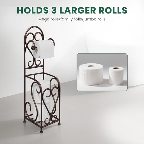 Toilet Paper Holder Free Standing with Storage for Mega Rolls, Scroll Bathroom Tissue Holder Stand, Metal, Bronze