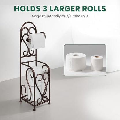 Toilet Paper Holder Free Standing with Storage for Mega Rolls, Scroll Bathroom Tissue Holder Stand, Metal, Bronze