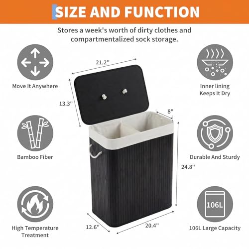 GarveeHome Folding Bamboo Laundry Hamper with Lid, 27.5 Gallon Wooden Laundry Basket with Washable Liner Bag, Slim Clothes Storage Hamper for Small Bedrooms Apartments Dorms (Black - Rectangle) - color: Black - Rectangle