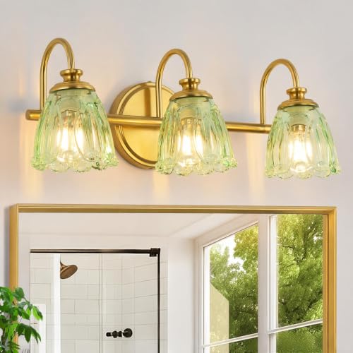 Bathroom Light Fixtures (3-Light), Vintage Brushed Brass Vanity Lights for Bathroom with Green Tulip Crystal Glass Shade, Vanity Wall Light Over Mirror for Bedroom Living Room Hallway - color: Gold and Green, size: 3-Light