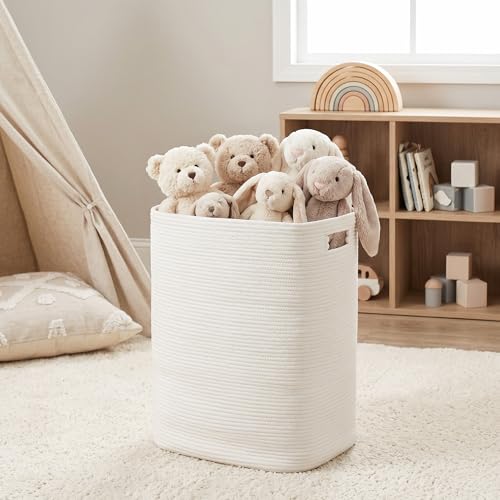 Large Laundry Hamper 16"x13"x22" - Tall Woven Laundry Basket, Cotton Rope Dirty Clothes Hamper, Baby Kids Nursery Wicker Laundry Basket, Bedroom Aesthetic, Soft Laundry Bin, White Hamper, 75L - color: White