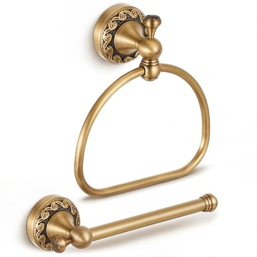2 Pcs Antique Brass Toilet Paper Holder Towel Ring Set, Vintage Bathroom Hardware, Wall Mounted Toilet Tissue Holder Hand Towel Ring, Rustproof Brass Bathroom Accessories(Semi-Circular) - style: Semi-circular