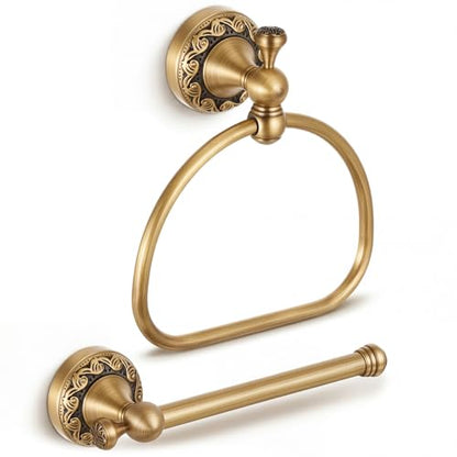 2 Pcs Antique Brass Toilet Paper Holder Towel Ring Set, Vintage Bathroom Hardware, Wall Mounted Toilet Tissue Holder Hand Towel Ring, Rustproof Brass Bathroom Accessories(Semi-Circular) - style: Semi-circular