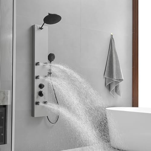 Rainfall Shower Head Shower Tower System Adjustable Head 9 Inch Round,Stainless Steel with 6 Body Jets Massage, 3 IN 1 Bathroom Shower Wall Mount, Brushed Nickel and Black - color: Brushed Nickel with Black