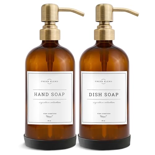 Vine Creations Amber Glass Soap Dispenser, 2 Pack Kitchen Soap Dispenser Set with Stainless Steel Pump, 16 oz Dish Soap and Hand Soap Dispensers for Bathroom with Waterproof Labels and Protective Pads - color: Amber Bottle / Brushed Brass Pump