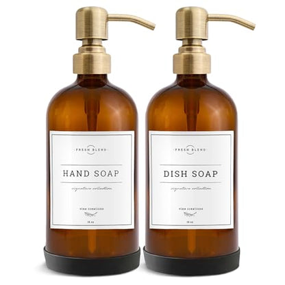 Vine Creations Amber Glass Soap Dispenser, 2 Pack Kitchen Soap Dispenser Set with Stainless Steel Pump, 16 oz Dish Soap and Hand Soap Dispensers for Bathroom with Waterproof Labels and Protective Pads - color: Amber Bottle / Brushed Brass Pump