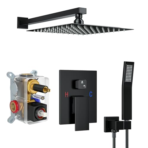 Matte Black Shower System with 10-Inch Rain Showerhead and Handheld | Innovative air-injection technology for low pressure, high-flow rate up to 3.22 GPM ensuring powerful consistent stream - color: Matte Black, style: 10"-Without Tub Spout
