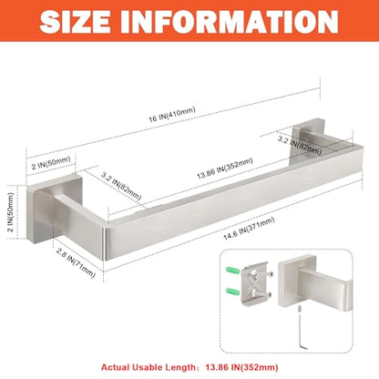 Towel Bar for Bathroom, 16 Inch Stainless Steel Bath Towel Rack Wall Mounted Towel Holder Hardware Accessory (Brushed Nickel)