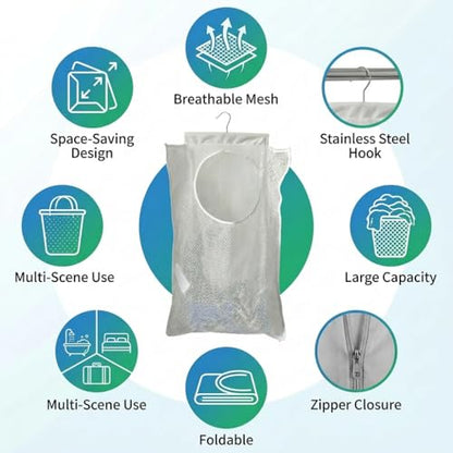 Hanging Laundry Hamper 2 Pack with Bottom Zipper & Sturdy Hooks, Large Capacity Mesh Foldable Over The Door Laundry Bag, Space Saving Storage for Bathroom Bedroom Closet Dorm RV Apartment Small Spaces