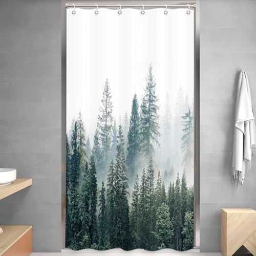 Small Stall Shower Curtain Narrow RV Walkin Nature Forest Mountain Half Stand Shower Curtains for Bathroom Woodland Tree Camping Bath Accessories Set with Hooks 36 x 72 Inch - color: Green, size: 36"W x 72"L (Pack of 1)