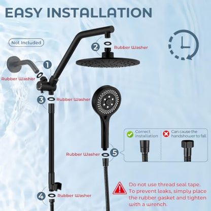 Shower Head with Handheld Combo High Pressure Black, Adjustable Bar | No drilling required, Height-Adjustable, 9-inch rainfall head, silicone slide bar, 3-waydiverter, 59-inch hose, G1/2 fit - color: 1-Black