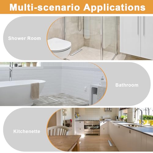 Linear Shower Drain - 28 Inch Brushed Nickel, with Tile Insert Panels | AISI 304 Stainless Steel Shower Drain with Adjustable Feet, Hair Catcher, Rectangle Shower Floor Drain Fits Bathroom, Balcony - color: Brushed Nickel, size: 28 Inch