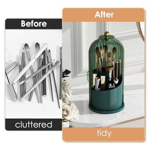 YOOLENS Makeup Brush Holder with Lid 360 Rotating Clear Dustproof Make Up Organizers for Vanity Bathroom Countertop, Green - color: Green
