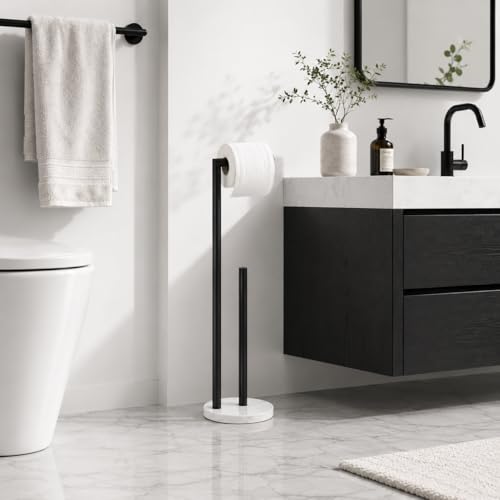 Marble Toilet Paper Holder Stand -Matte Black, Freestanding with Storage, Floor Stand, Silver Toilet Roll Holder, Standing Paper Towel Holder - color: Matte Black