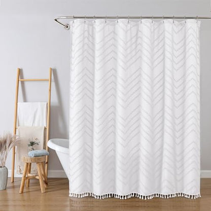 White Fabric Shower Curtain, Boho Shower Curtains for Bathroom Chic Tufted Chevron Striped Textured with Tassel, Soft Hotel Style Farmhouse, Machine Washable, 72x78, White - color: White, size: 72"W x 78"L (Pack of 1)