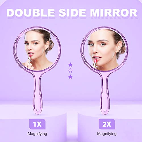 D Hand Mirror with Handle, Purple, Rounded Shape | 1X 2X Magnification, Double Sided , Acrylic, Small Handheld,Lightweight & Portable, - color: Small Purple