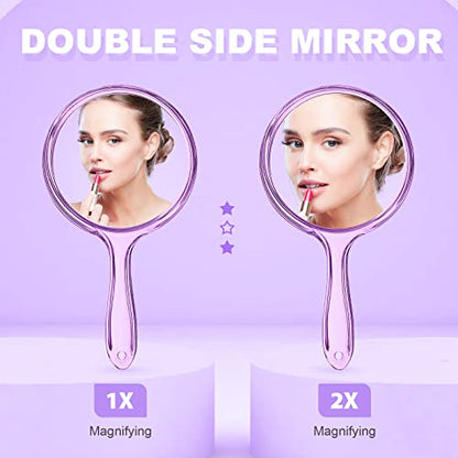 D Hand Mirror with Handle, Purple, Rounded Shape | 1X 2X Magnification, Double Sided , Acrylic, Small Handheld,Lightweight & Portable, - color: Small Purple