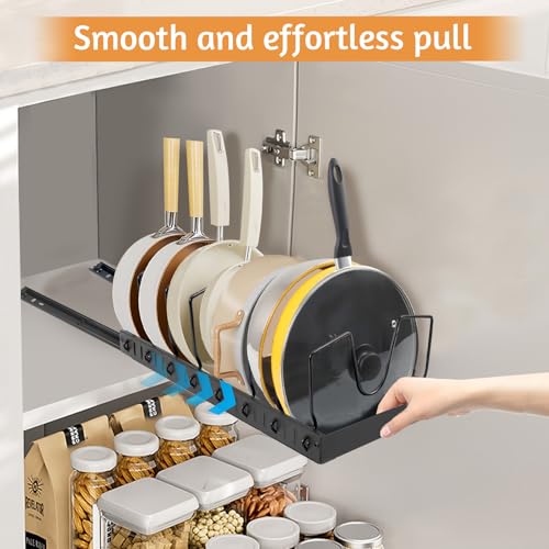 Pull Out Pots and Pans Organizer Under Kitchen Cabinet, Pot Lid Organizers, Slide Out Cookware Storage Rack with 8 Adjustable Dividers, Pull Out Shelves for Dishware Seasoning, (Black, 1 Pack) - size: 1 Pack