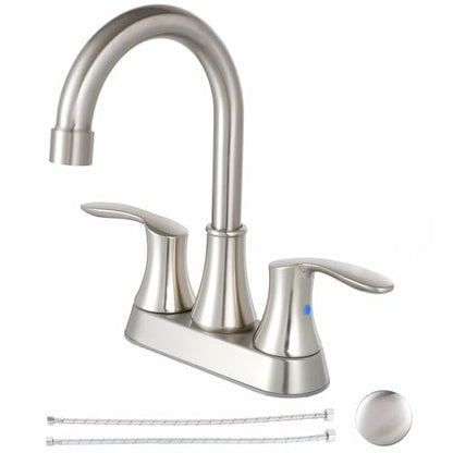 Friho 4 Inch Centerset Bathroom Faucet, 3 Hole Brushed Nickel Lead-Free Stainless Steel 2-Handle RV Vanity Faucet with Pop-up Drain & Supply Hoses - color: Brushed Nickel