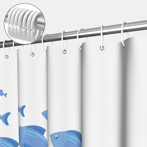 Yeele Blue School of Fish Shower Curtain, Nautical Coastal Ocean Print Shower Curtain Set, Waterproof Machine Washable Fabric Curtain 60x72 Inch with Hooks - color: Blue White 2, size: 60"Wx72"L