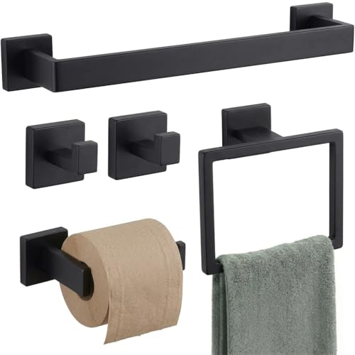 5-Piece Bathroom Hardware Set, 23.6 in Towel Bar, Matte Black | SUS304 stainless steel, 55 mm square bases, concealed screw mount, towel ring, toilet paper holder, 2 robe hooks - color: Matte Black