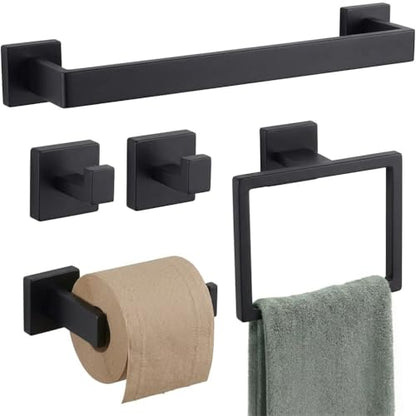 5-Piece Bathroom Hardware Set, 23.6 in Towel Bar, Matte Black | SUS304 stainless steel, 55 mm square bases, concealed screw mount, towel ring, toilet paper holder, 2 robe hooks - color: Matte Black