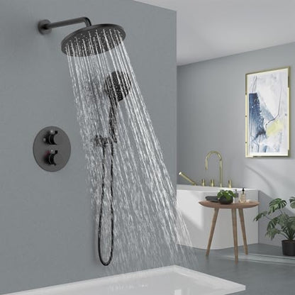 Iriber Thermostatic Shower System Wall Mount with 10 Inch Roud Rainfall Shower Head and Handheld,Shower Faucet Mixer Trim Kit (Valve Included),Matte Black - color: Matte Black 03
