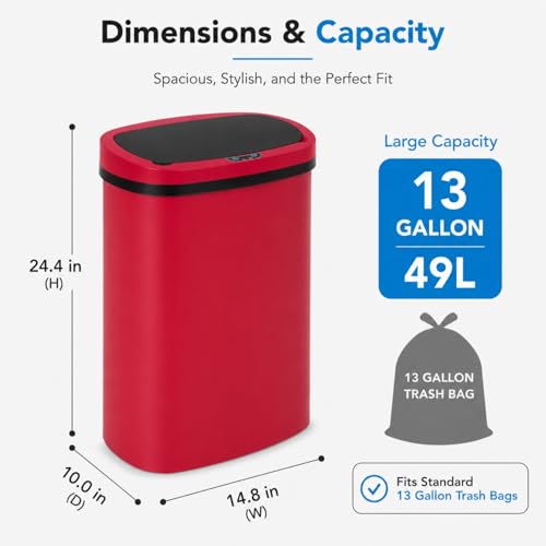 13 Gallon Kitchen Trash Can with Lid,Automatic Touchless Garbage Can for Kitchen,PP Plastic Motion Sensor Trash Can,Tall Large-Capacity Trash Bin,Hands-Free Smart Waste Bin for Home - color: Red