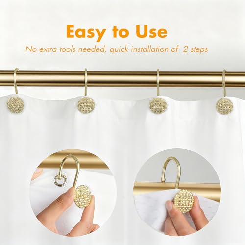 Pearlbee Gold Shower Curtain Hooks, 12Pcs Rustproof Heavy Duty Zinc Alloy | Round beaded design, 4mm zinc alloy, rustproof, anti-drop, smooth glide, easy install, Modern Decorative, matte gold - color: Gold