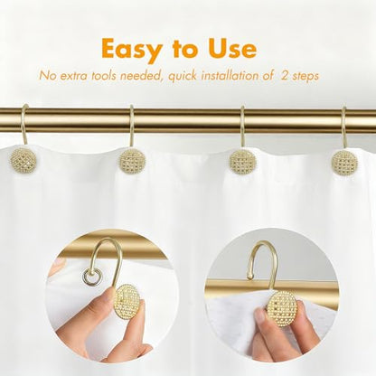 Pearlbee Gold Shower Curtain Hooks, 12Pcs Rustproof Heavy Duty Zinc Alloy | Round beaded design, 4mm zinc alloy, rustproof, anti-drop, smooth glide, easy install, Modern Decorative, matte gold - color: Gold
