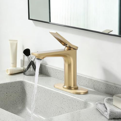 Rbrohant Single Hole Bathroom Faucet, Brushed Gold Single Handle Bathroom Sink Faucets for 1 Hole or 3 Hole, Bathroom Vanity Faucet with Pop up Drain and Cover Plate, Deck Mount, R2001-BGP - color: Brushed Gold, style: With Escutcheon