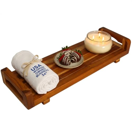 EcoDecors, 34 inch, with LiftAid Handles, Bath Tray for Tub, Bath Tub Tray Wood, Bathtub Table, Caddy for Bathtub in Natural Teak - style: 34"- LiftAid Handles