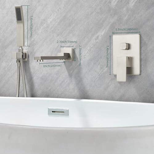 DASAN Swiveling Wall Mount Tub Filler Faucet Set with Hand Held Shower, Brushed Nickel Modern Creative Bathtub Faucet Wall Mounted Bath Tub Faucet with High Flow Rough in Valve, SA-TF05WH-BN - color: Brushed Nickel