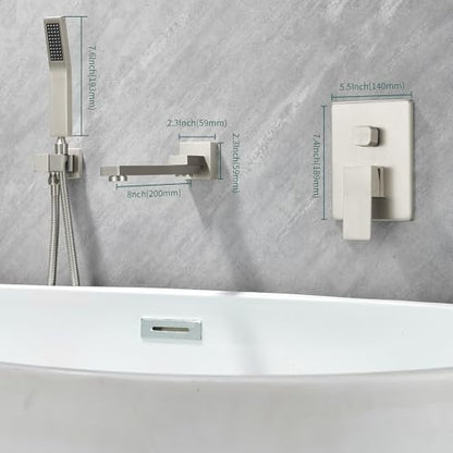 DASAN Swiveling Wall Mount Tub Filler Faucet Set with Hand Held Shower, Brushed Nickel Modern Creative Bathtub Faucet Wall Mounted Bath Tub Faucet with High Flow Rough in Valve, SA-TF05WH-BN - color: Brushed Nickel