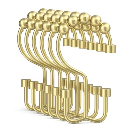 Bathway Gold Shower Curtain Hooks Ring, 12 Pcs Double Sided Shower Hooks, Rust Proof Metal Shower Hooks for Bathroom, Modern Shower Rings with Cylinders for Shower Curtain & Liners - color: Gold, style: Modern Shower Hooks with Cylinders