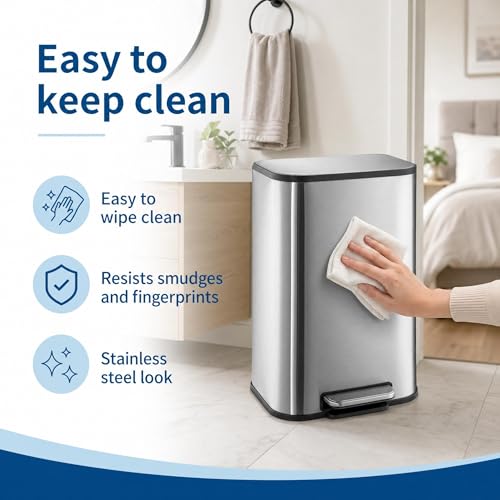 GarveeHome 3.2 Gal Stainless Steel Bathroom Trash Can with Lid, Silver | Rectangular Small Step Waste Bin, Hands-Free Foot Pedal, Removable Inner Bucket, Quiet Close, for Bedroom Restroom - color: Stainless Steel, size: 12 L