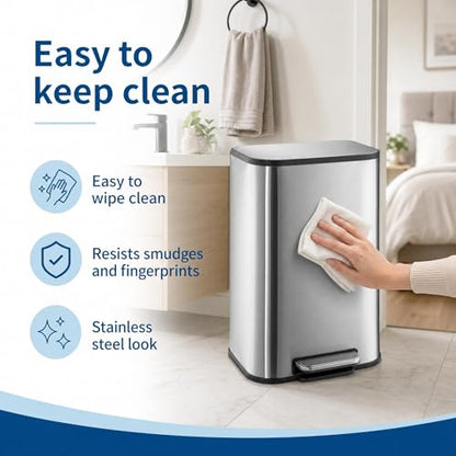 GarveeHome 3.2 Gal Stainless Steel Bathroom Trash Can with Lid, Silver | Rectangular Small Step Waste Bin, Hands-Free Foot Pedal, Removable Inner Bucket, Quiet Close, for Bedroom Restroom - color: Stainless Steel, size: 12 L
