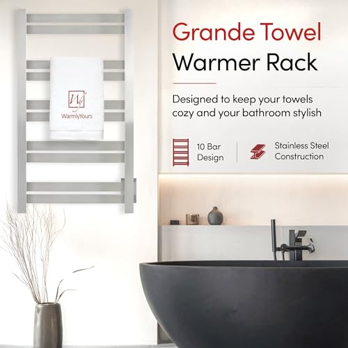 WarmlyYours Grande Heated Towel Rack, 10 Bars, Brushed Stainless Steel | Wall-mounted electric towel warmer rack and dryer, 120V hardwired, flat heated bars for towels and bathrobes - color: Brushed Stainless Steel, size: 10 Bars
