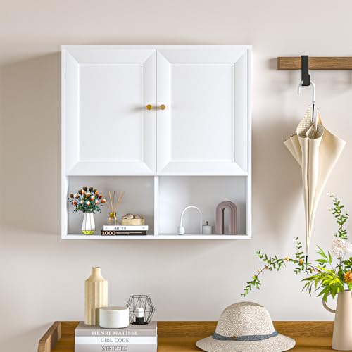 Bathroom Wall Cabinet, Medicine Cabinet with 2 Door and Adjustable Shelves,3-Tier Wood Hanging Storage Over The Toilet,White Wall Mounted Cabinet for Bathroom, Kitchen,Laundry Room